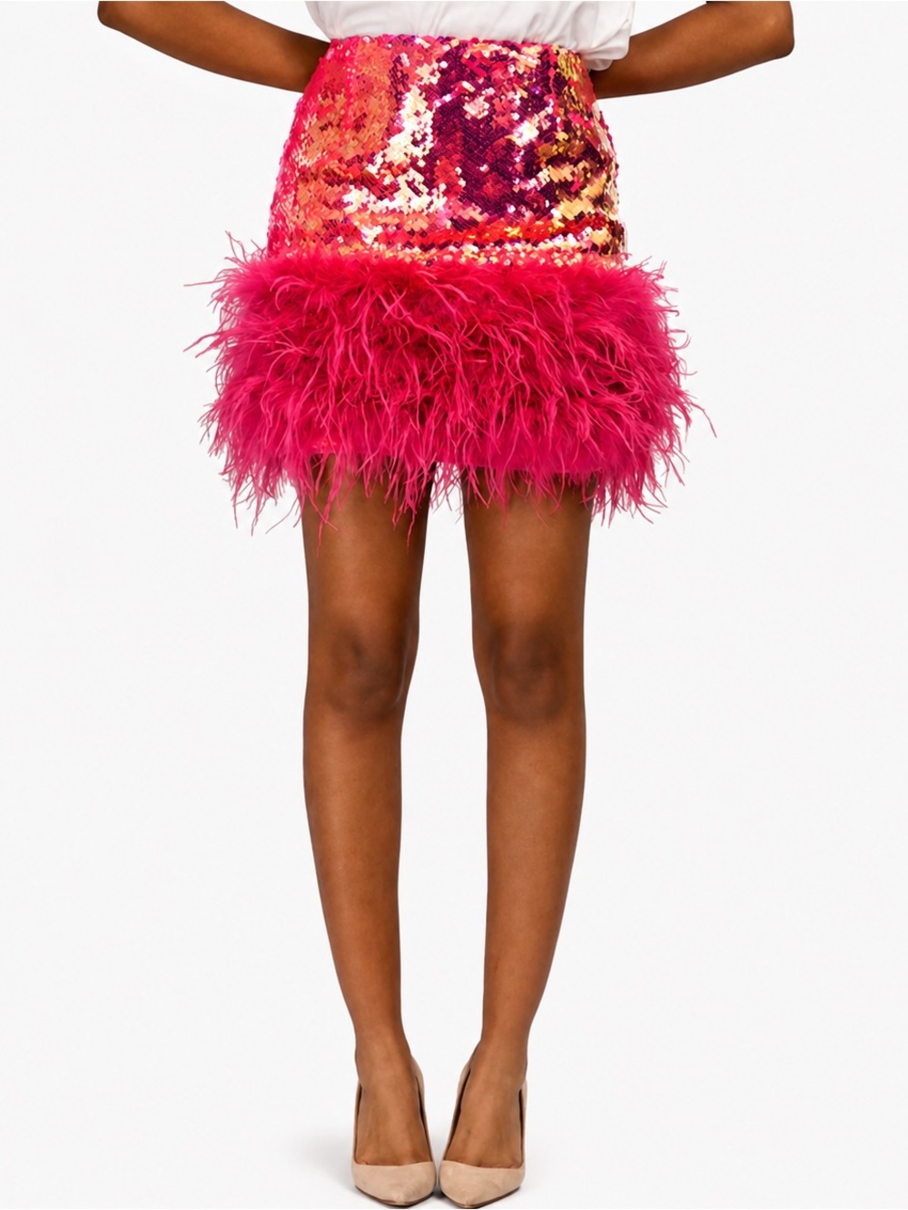 Nadine Merabi Roxy/Mia pink sequin feather mini skirt NWT Size S/M - Picture 4 of 9